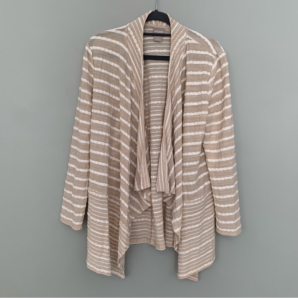 Chicos Textured Stripe Waterfall Open Front Cardigan Tan White Size 1 Medium